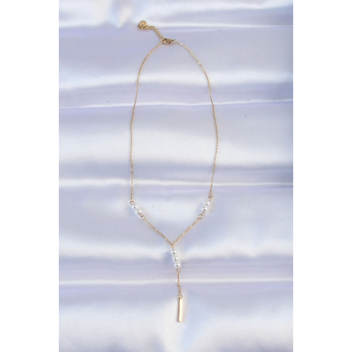 316L Çelik Zincir Gold Renk Minimal İnci Taşlı Sallantılı Kolye
