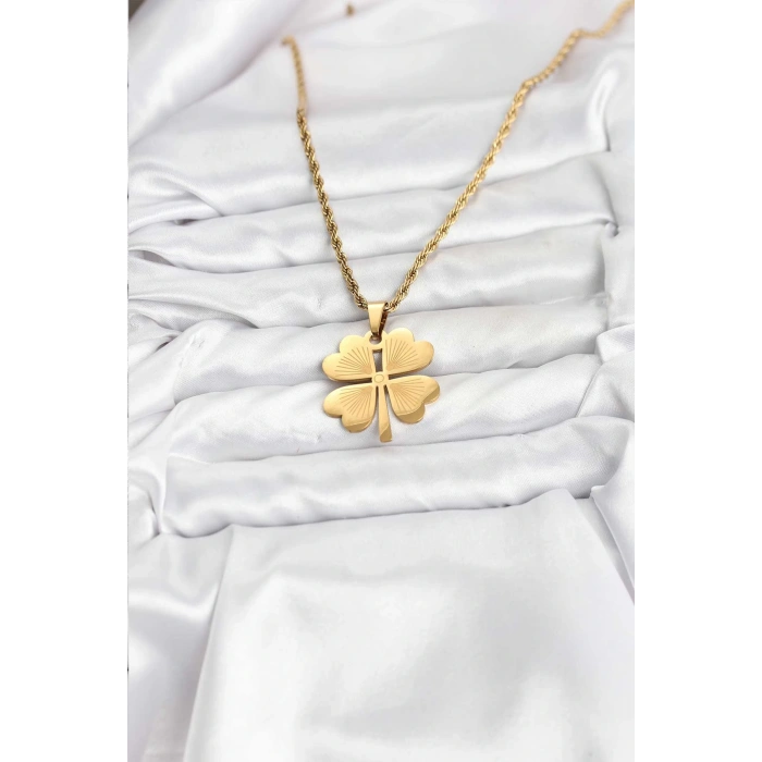 316L Çelik Zincir Gold Renk Yonca Model 60 cm Kadın Kolye