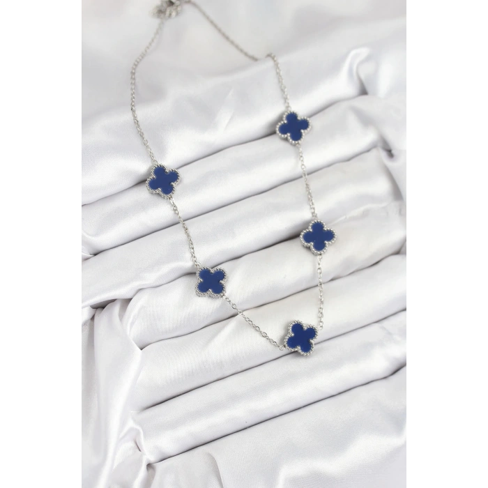 316L Çelik Zincir Gümüş Lacivert Renk Yonca Kadın Kolye