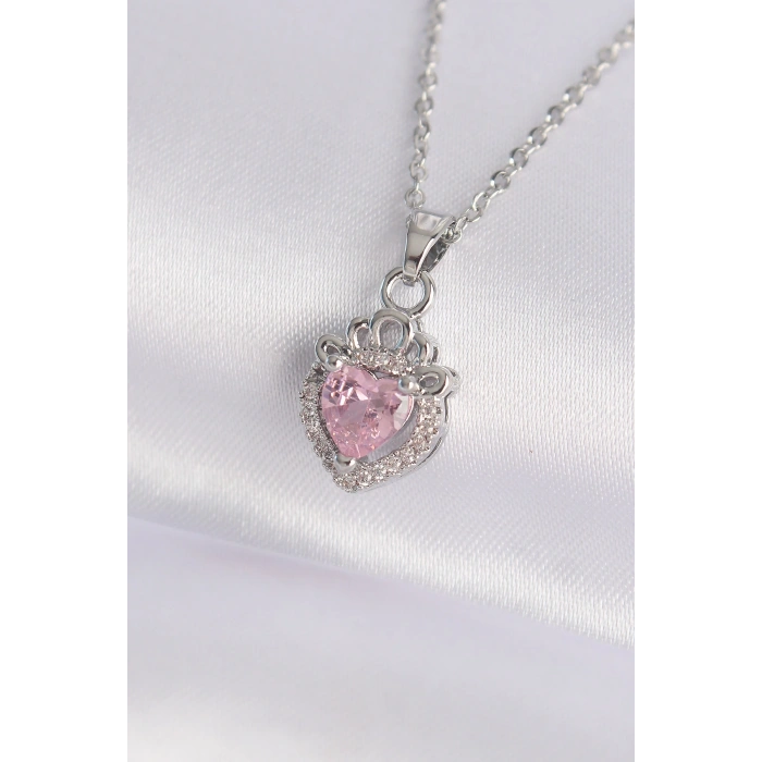 316L Çelik Zincir Gümüş Renk Pembe Zirkon Taşlı Rapunzel Kolye