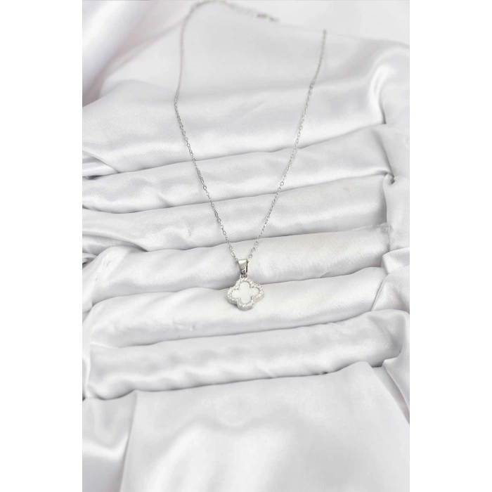 316L Çelik Zincir Gümüş Renk Sedefli Yonca Kadın Kolye