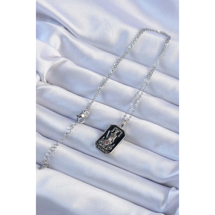 316L Çelik Zincir Gümüş Renk Siyah Mineli Tarot Kolye