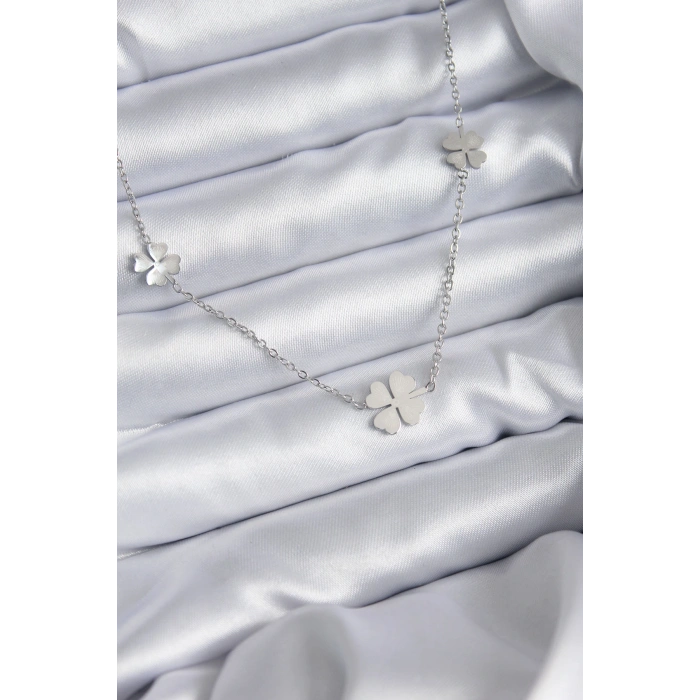 316L Çelik Zincir Gümüş Renk Yonca Model Kadın Kolye
