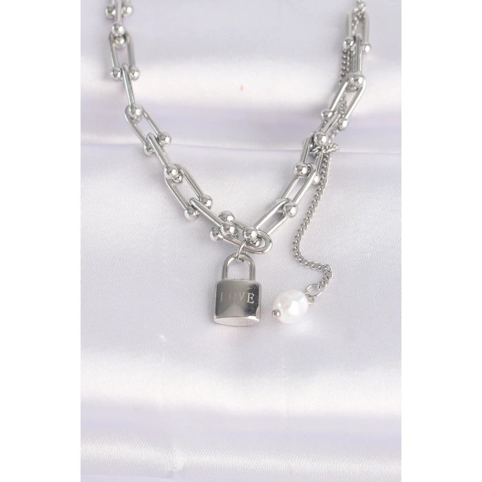 316L Çelik Zincir Gümüş Renk Zincirli Love Yazılı Kilit Kolye