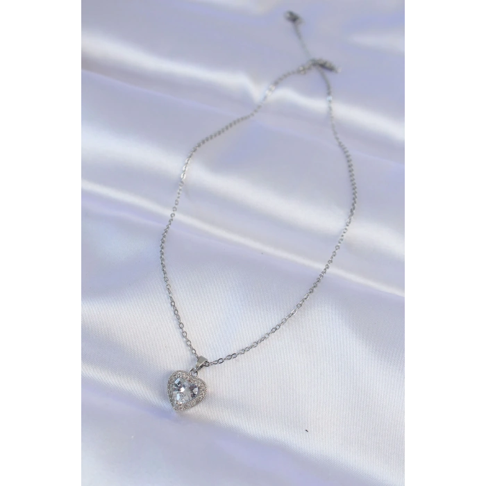 316L Çelik Zincir Gümüş Renk Zirkon Taşlı Charm Kalp Kolye