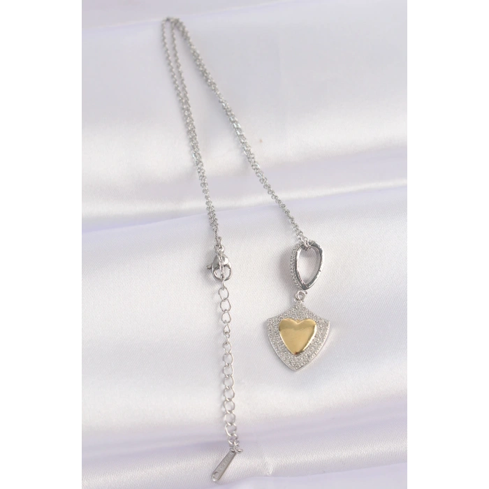 316L Çelik Zincir Gümüş Renk Zirkon Taşlı Tasarım Altın Renk Kalp Kolye