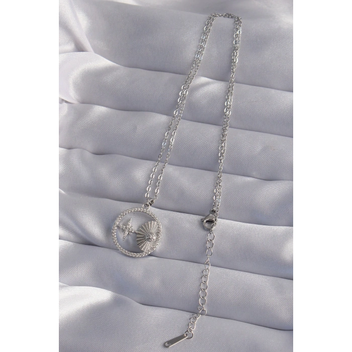 316L Çelik Zincir Gümüş Renk Zirkon Taşlı Yıldız Figürlü Oval Kolye