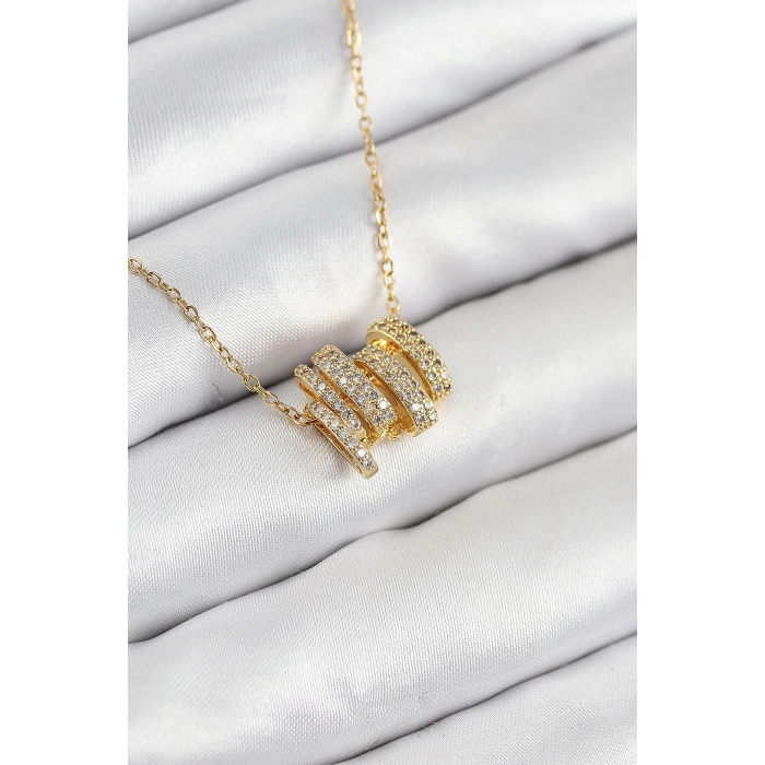 316L Çelik Zirkon Taşlı Sarmal Model Gold Renk Kadın Kolye