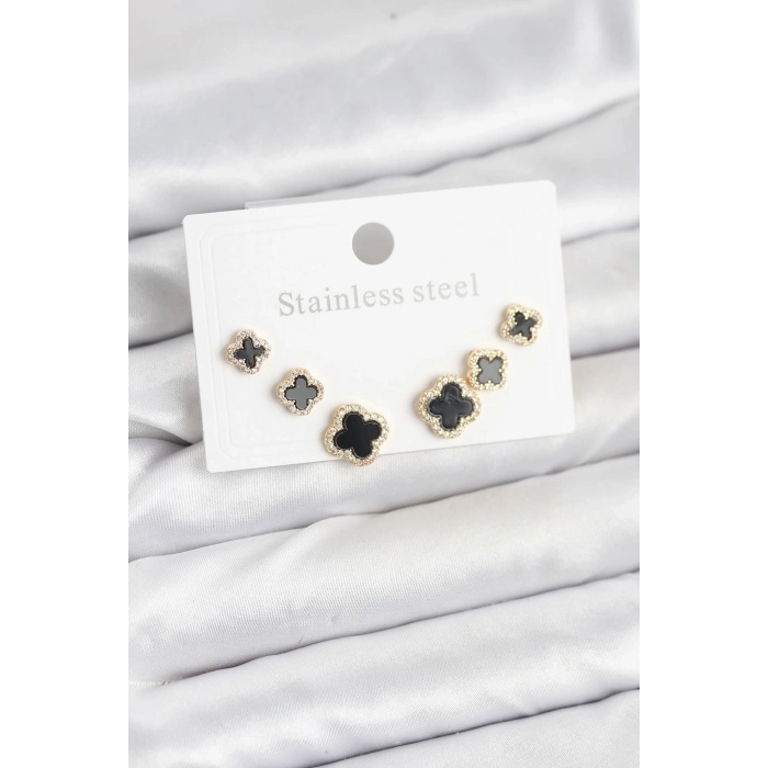 316L Çelik Zirkon Taşlı Yonca Model Kadın Küpe Seti