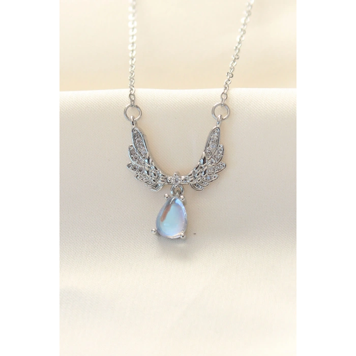 316L Zinciri Çelik Zirkon Taşlı Gümüş Renk Kanatlı Damla Kolye