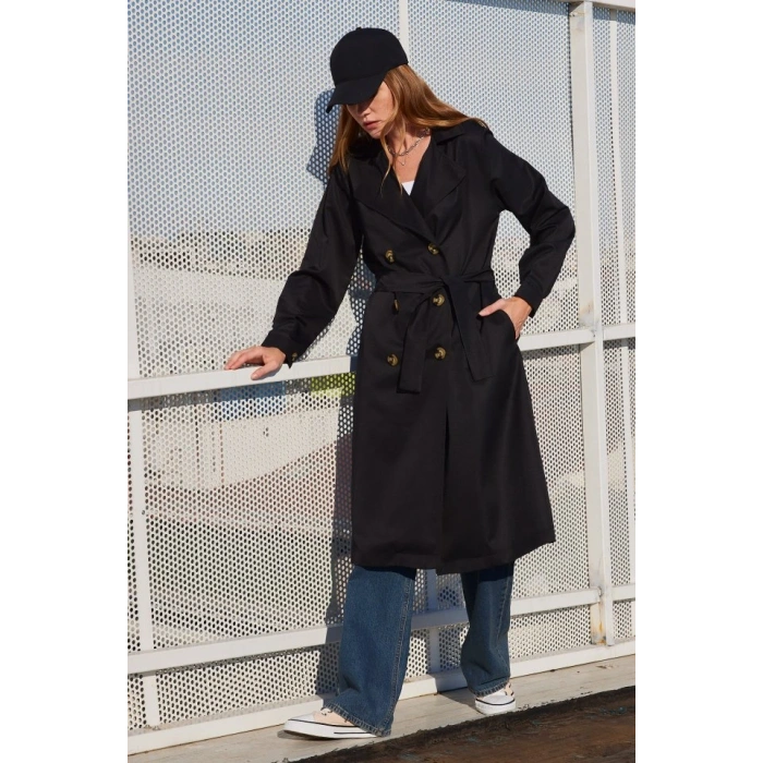5853 Kruvaze Yaka Trençkot - Siyah