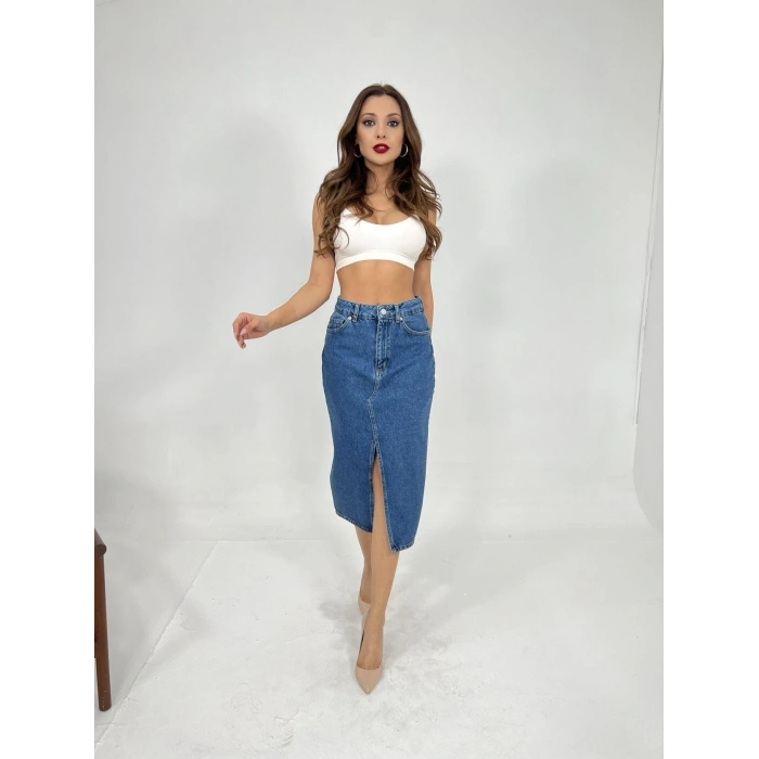 6478 DENİM MIDI SLIT SKIRT-MAVİ