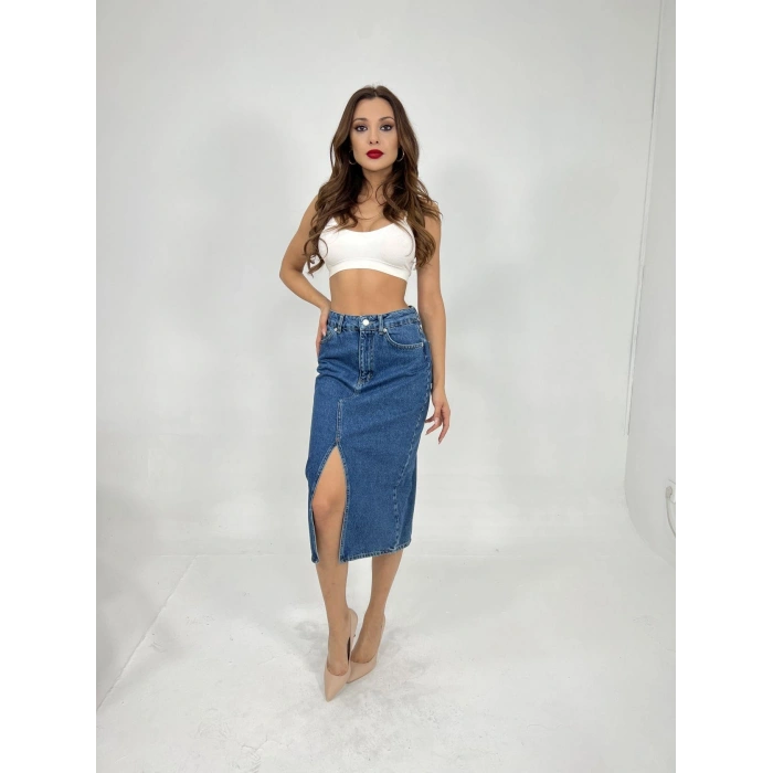 6478 DENİM MIDI SLIT SKIRT-MAVİ