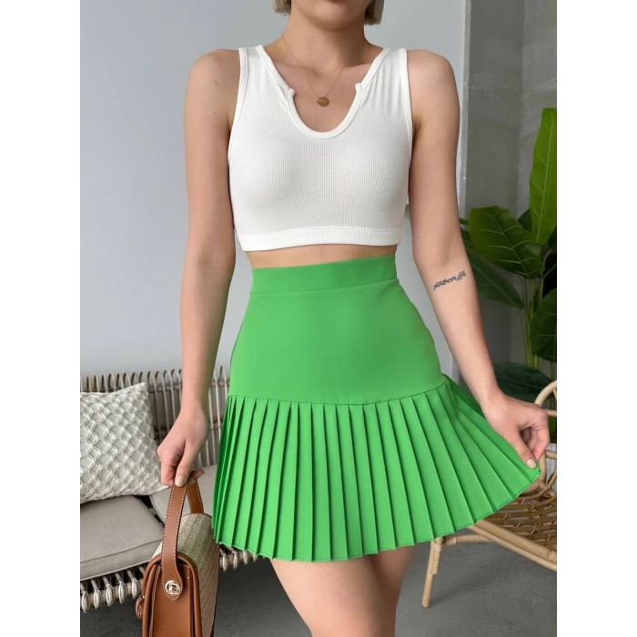 Altı pliseli mini etek yeşil s24705