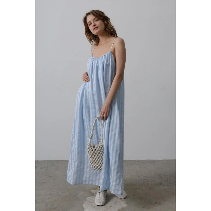 Askılı Çizgi Desen Elbise - Bebe Mavisi