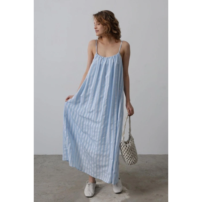 Askılı Çizgi Desen Elbise - Bebe Mavisi