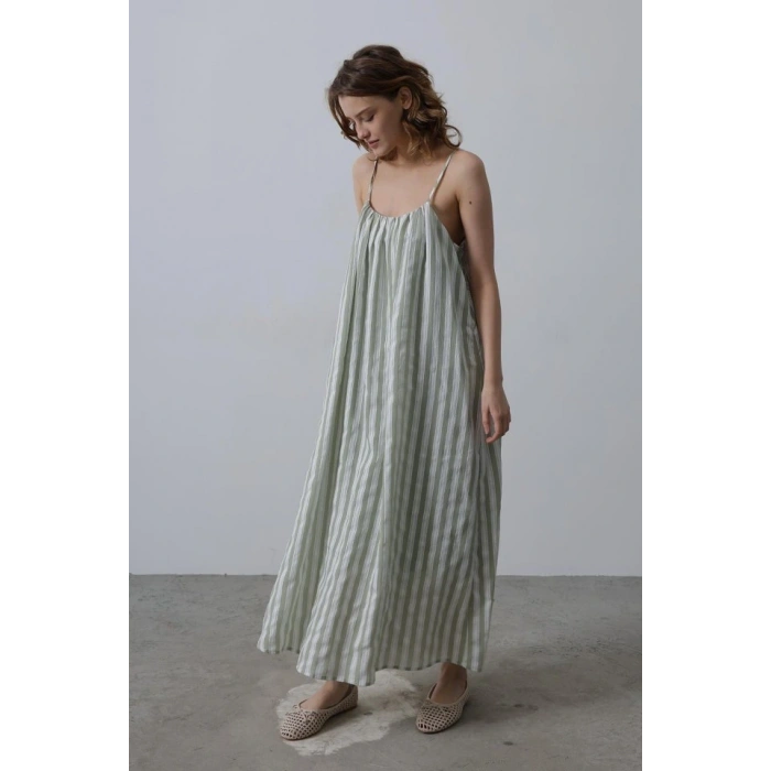 Askılı Çizgi Desen Elbise - Haki