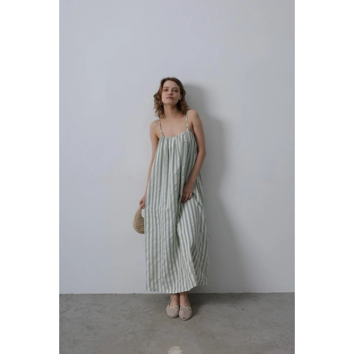 Askılı Çizgi Desen Elbise - Haki