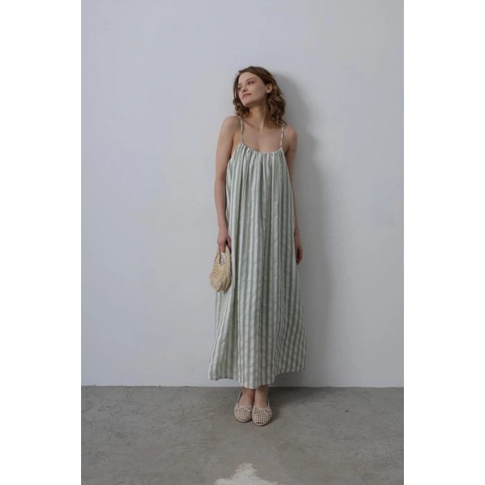 Askılı Çizgi Desen Elbise - Haki