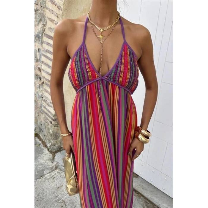 Askılı Pile Detaylı Renkli Maxi Elbise 2748