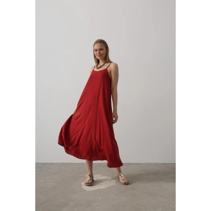 Askılı Uzun Çan Elbise - Bordo