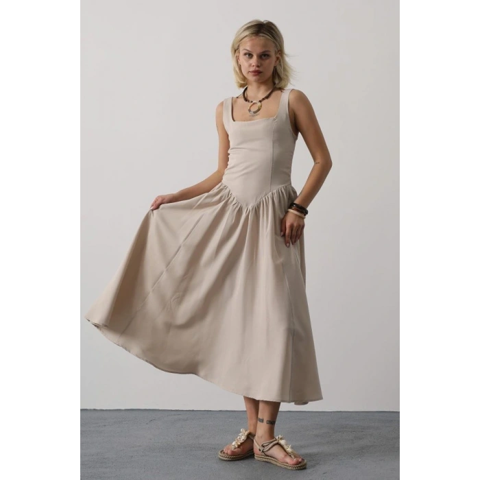 Askılı Uzun Elbise - Taş