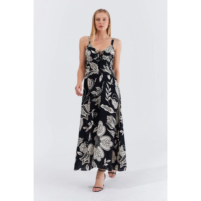 Askılı Viscon Elbise - Siyah