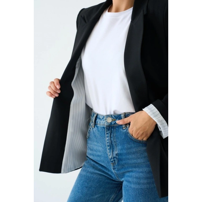 Astarı Çizgili Ceket - Siyah