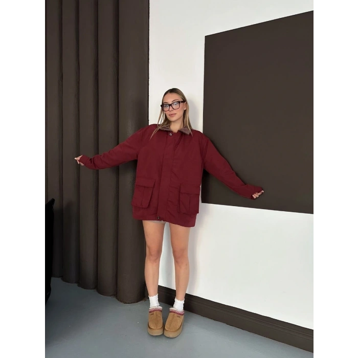 Astarlı yaka detaylı artos ceket bordo st2651019