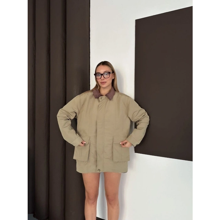 Astarlı yaka detaylı artos ceket haki st2651019