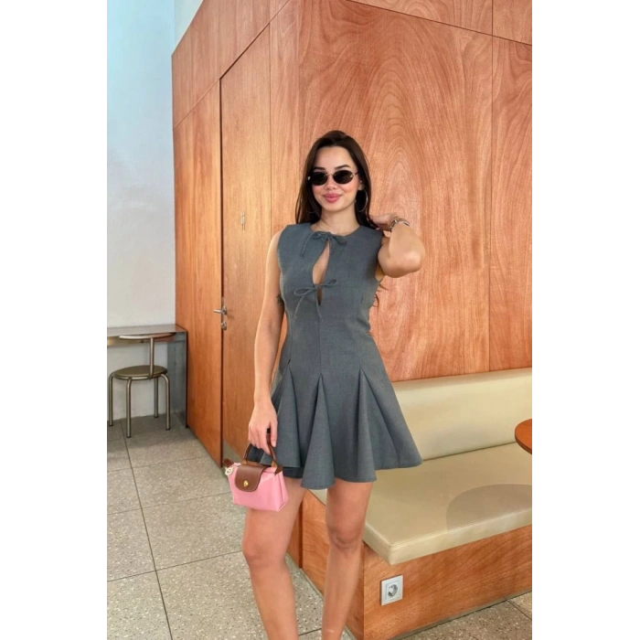 Bağcık Detaylı Kolsuz Mini Elbise - Antrasit