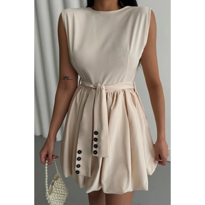 BALON ETEKLİ TASARIM KISA ELBİSE - Bej