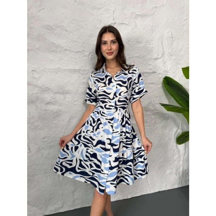 Baskılı Keten Elbise - Lacivert