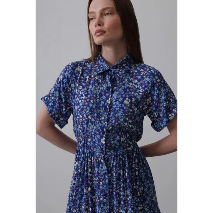 Baskılı Keten Elbise - Lacivert-Beyaz