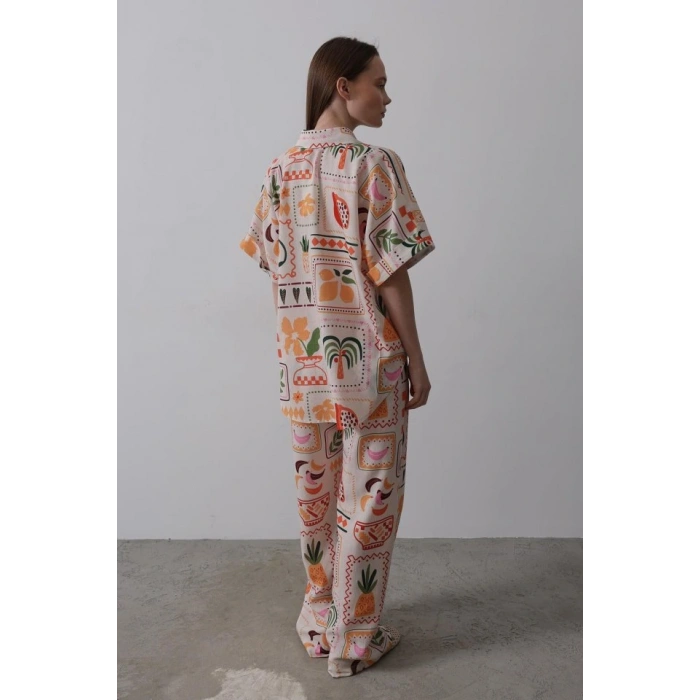 Baskılı Kısa Kol Pantolon Takım - Taş-Oranj