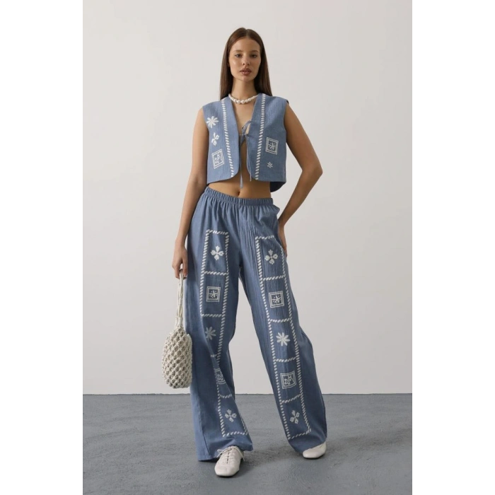 Baskılı Önü Bağlamalı Yelekli Takım - İndigo