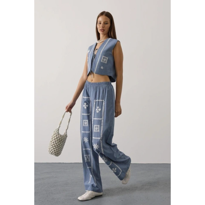 Baskılı Önü Bağlamalı Yelekli Takım - İndigo