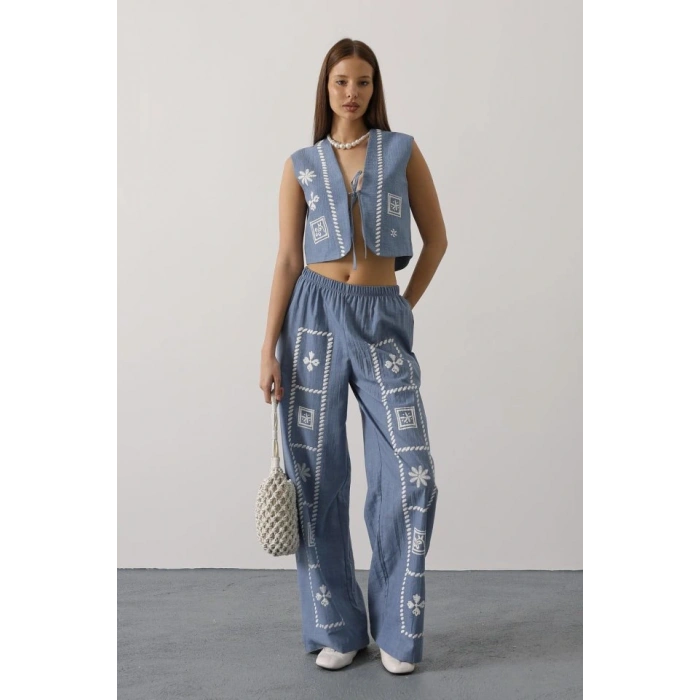 Baskılı Önü Bağlamalı Yelekli Takım - İndigo