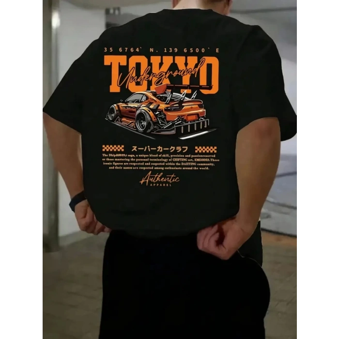 Baskılı Oversize Bisiklet Yaka T-shirt - Siyah