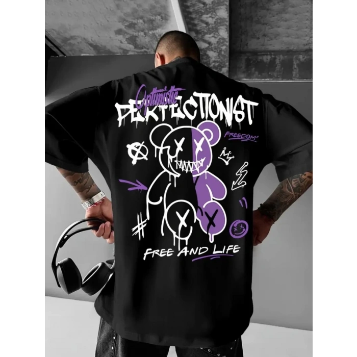 Baskılı Oversize Bisiklet Yaka T-shirt - Siyah