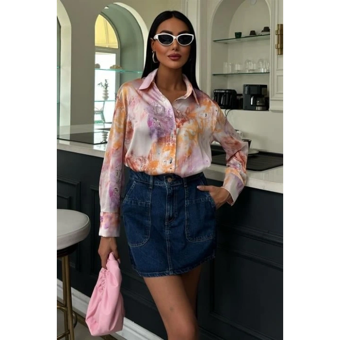 Batik Desenli Saten Gömlek 3409