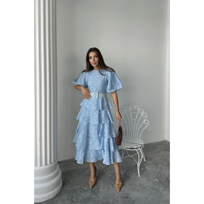 Bebe Mavi Kat Kat Balon Kollu Kemerli Elbise