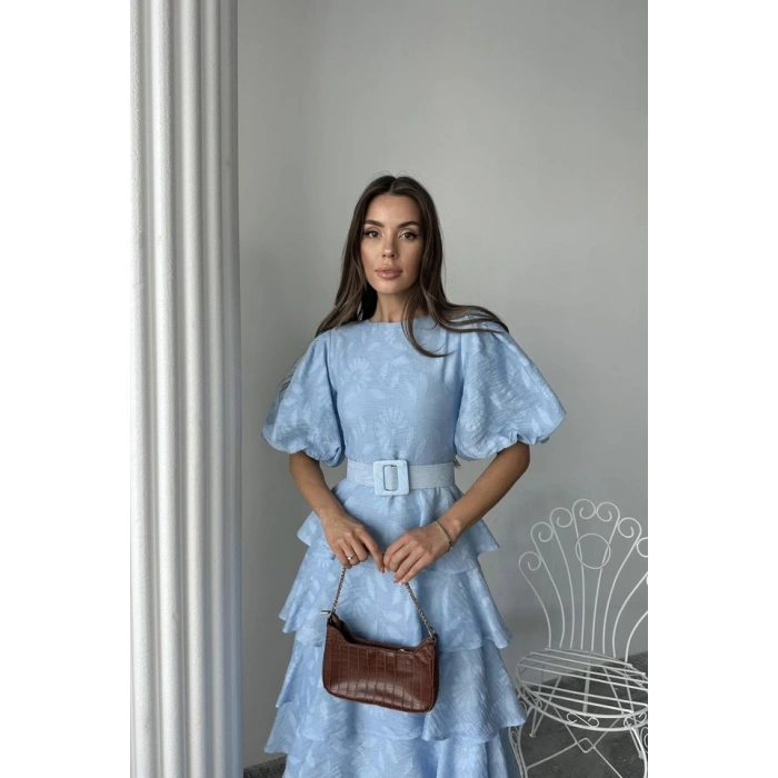 Bebe Mavi Kat Kat Balon Kollu Kemerli Elbise