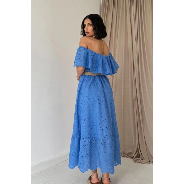 Bebe Mavi Omzu Lastikli Brode Elbise