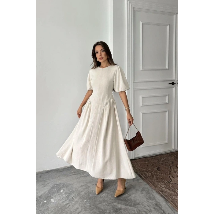 Bej Arkadan Bağlamalı Büzgülü Keten Elbise