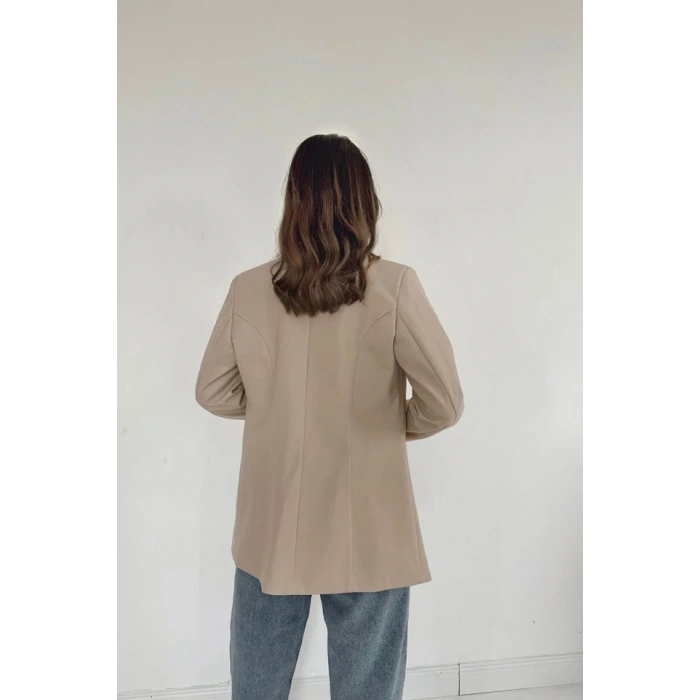 Bej Düğmeli Deri Ceket