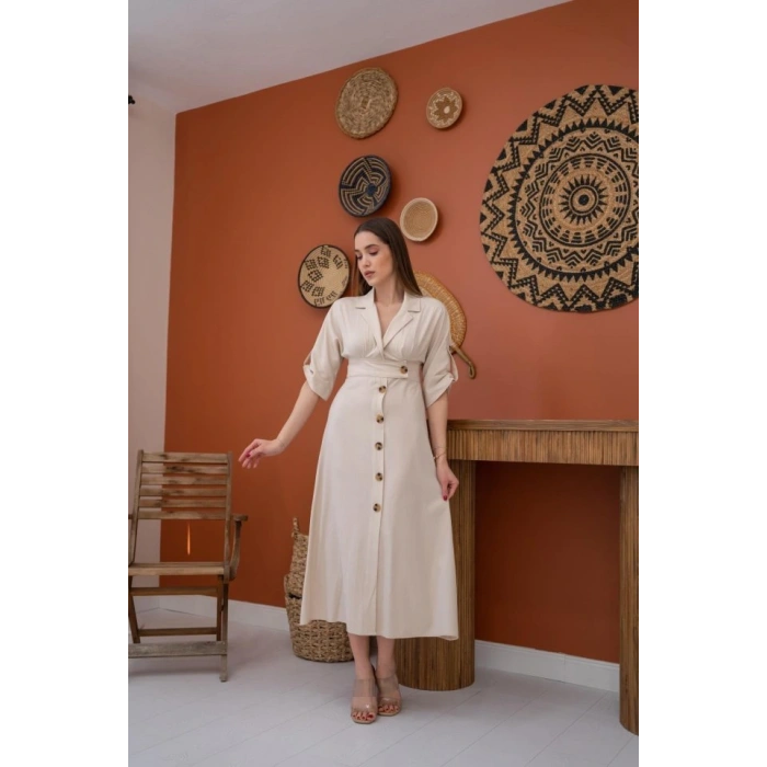 Bej Düğmeli Keten Elbise