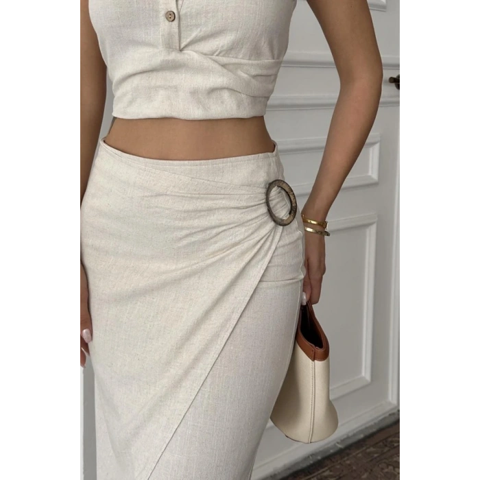 Bej Keten Gömlek Ve Etek Takım