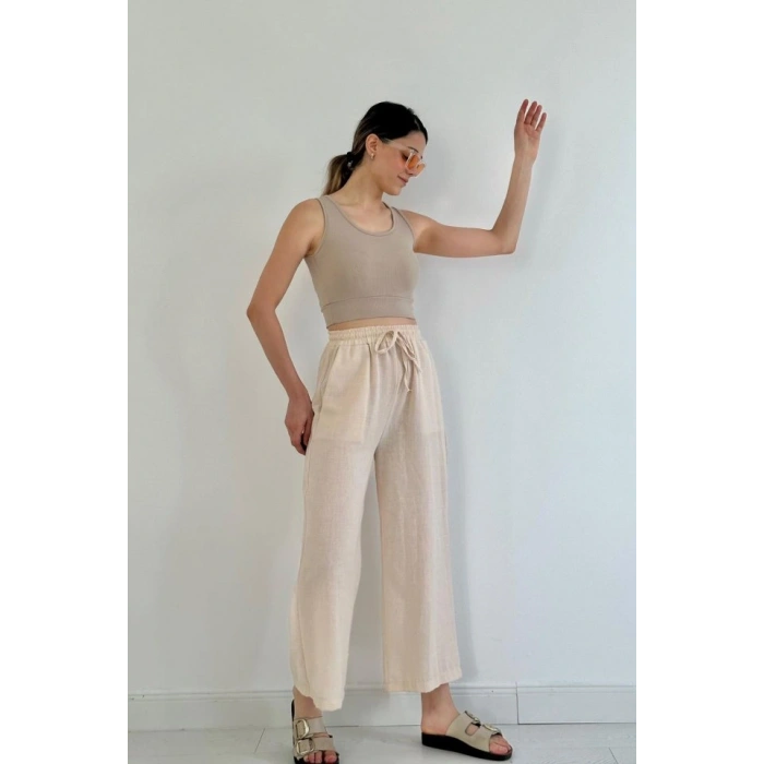 Bej Keten Pantolon