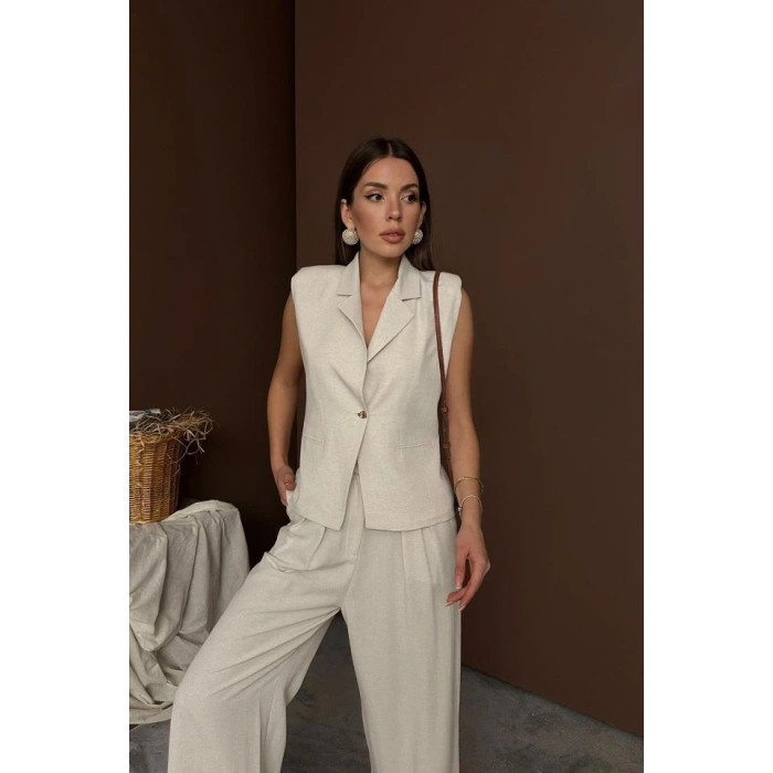 Bej Keten Yelek Pantolon Takım